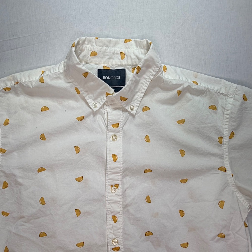 Bonobos Mens Slim Fit Short Sleeve Button Down Shirt, Taco Print, White L